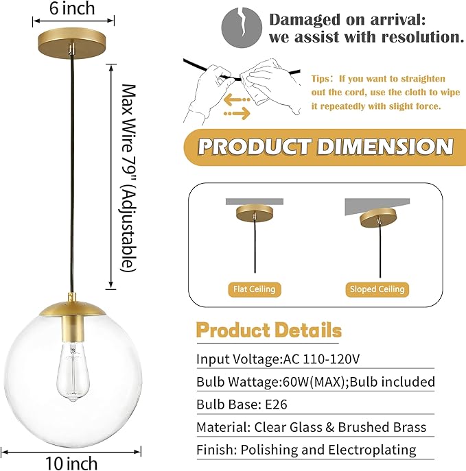 KoKo&Yukina 10" Globe Pendant Light Gold Mid Century Pendant Glass Globe Light Fixture Mid Century Modern Light Fixture Brushed Brass Finished with Clear Glass Lampshade for Dining Room Bedroom