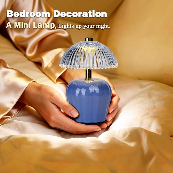 MJ PREMIER Small Cordless Lamp, Battery Operated Lamp with Timer, Mini Crystal Glass Mushroom Lampshade, Cute Small Table Lamps, Decorative Led Light for Bedroom Living Room Shelf (Blue)