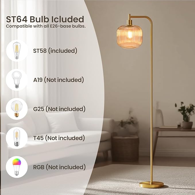 Glass Floor Lamp,67" Modern Standing Lamp with Sunset Grapefruit Glass Lampshade Metal Pole for Living Room, Bedroom, Office - Heavy Base,Pedal Switch (Include Bulb)(Amber)