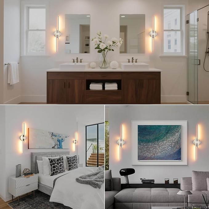 Battery Operated Wall Sconce Set of 2, Brushed Nickel 23.6" 3000K-6500K Dimmable Wall Sconces with Remote Control, Wireless Wall Light Rechargeable for Bedroom Hallway Living Room Background
