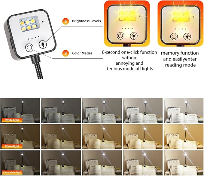 5 Pack Rechargeable Book Lights for Reading at Night in Bed Rechargeable LED Book Light with Memory Function Lightweight Booklight Bulk Clip on Small Travel Reading Lamps for Book Lovers USB Charging