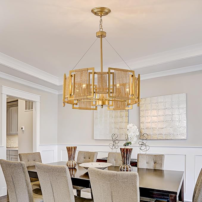 4-Light Boho Rattan Chandelier Light Fixture,Large Hand Woven Gold Pendant Light Fixture Farmhouse Rustic Hanging Light for Kitchen，Bedroom, Dining Room, Living Room, Hallway, Foyer