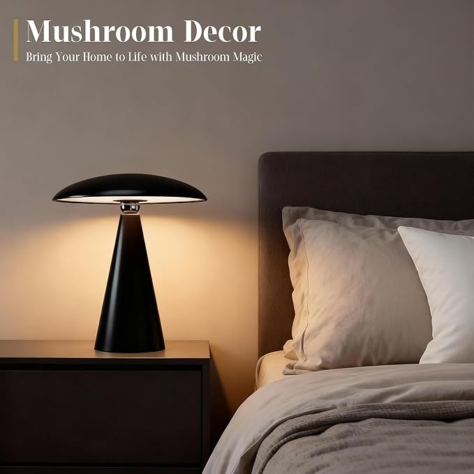 Mushroom Aesthetic Cute Lamp,Magnetic Mid Century Modern Lamp with 3-Mode Lighting for Unique Home Mushroom Decor,Cordless USB Rechargeable Lamps for Bedside/Dorm/Office/Entryway Decor(Black)