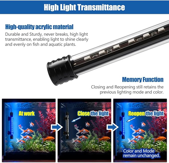 LED Aquarium Light with IP68 Waterproof and Memory Function Submersible Fish Tank Light with Remote and 16 Colors 23 Inches Brightness Adjustable Underwater Light Bar for Fish Tank Aquarium