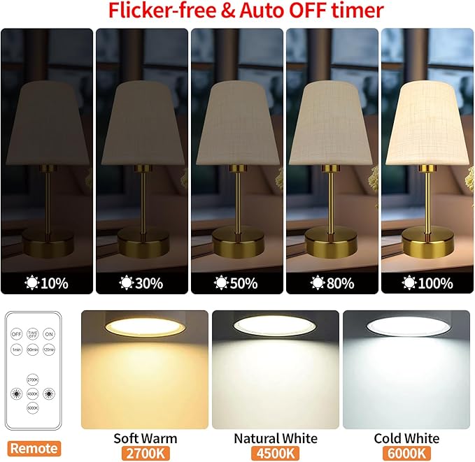 BLUEYE Mini Rechargeable Table Lamp,Remotte Control,Soft Warm 2700K-6000K,Dimmable,Timer,Flicker-Free,White Shade,Center Piece Deco,Cordless Kid Night Light for Bedside,Entryway,Bedroom