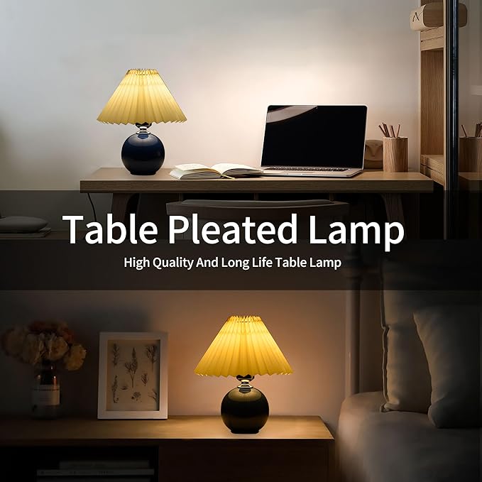 Korean Pleated Table Lamp Ins DIY Ceramic Table Lamps for Living Room Home Deco Cute Lamp with Tricolor Led Bulb Beside Lamp…