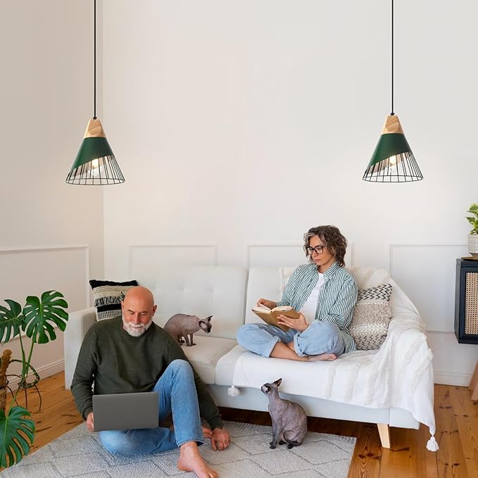 Farmhouse Pendant Light 9.4ines, 2 Packs- Green Industrial Kitchen Pendant Lights for Kitchen Island, Bar, Bedroom, Office, Library