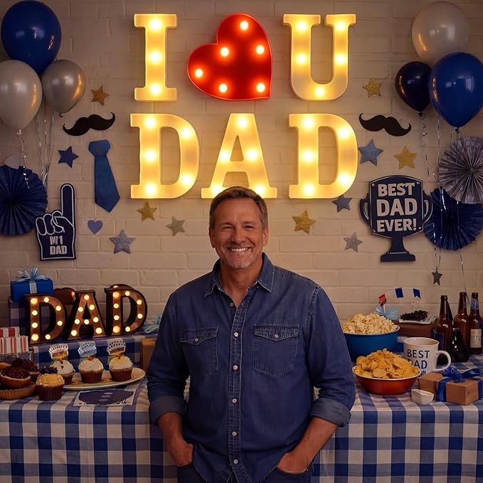 6 Pcs Fathers Day Decorations Love You Dad LED Letter Light Sign Battery Powered Father's Centerpieces Gifts Fathers Day Decorations for Dad from Daughter Son for Home Party
