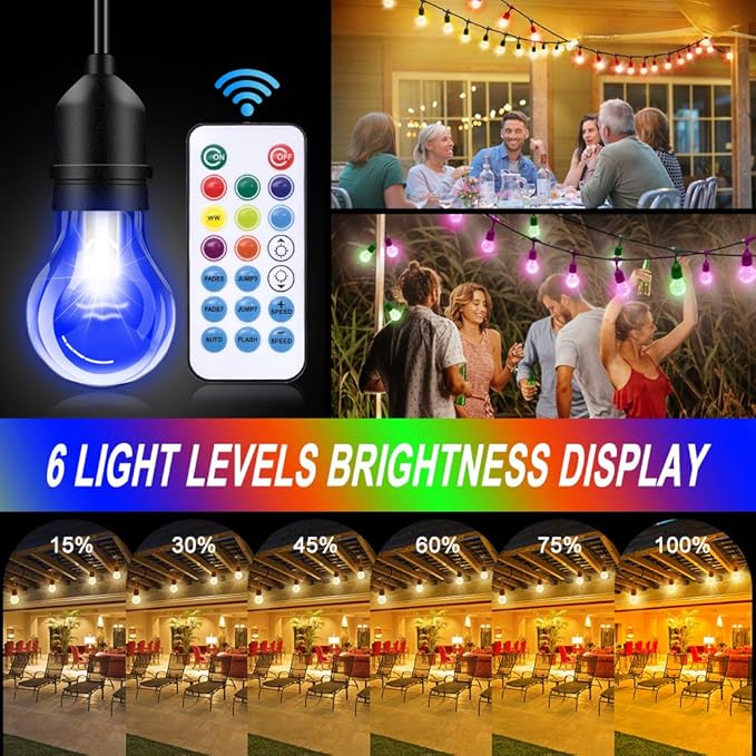 96FT Outdoor String Lights, 30 Shatterproof Edison Bulbs, Dimmable Color Changing RGB LED Patio Lights with 2 Remote Controllers. Perfect for Backyard Decorative Lighting