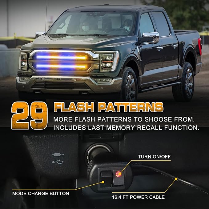 XRIDONSEN 2PCS 24 inch Amber Blue Truck Grill Emergency Lights Strip 288 LED Grille Strobe Lights Flashing Warning Safety Waterproof First Responder Lights for Firefighter Police Vehicles Fire Trucks
