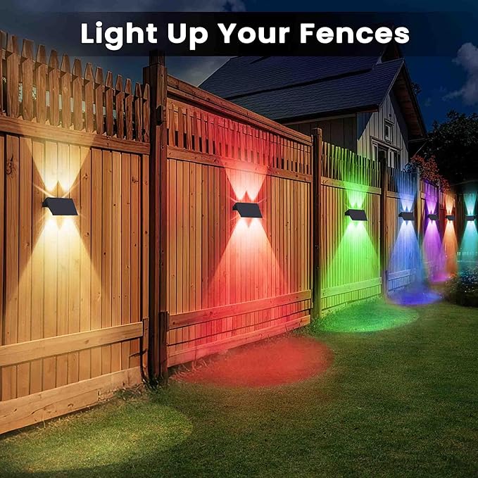 Fence Lights Solar Powered, 6-Pack Solar Fence Lights Up/Down Flexible Buttons, IP67 Waterproof for Outdoor, 100LM Bright, Auto Dusk to Dawn for Wall/Stairs/Yard/Railing/Deck/Pathway (White & RGB)