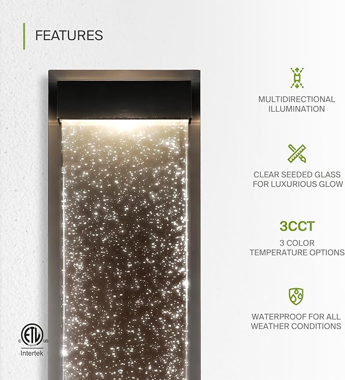 ASD LED 24" Bubble Glass Wall Light Fixture, Outdoor & Indoor Seeded Sconce | 3CCT, Waterproof, Dimmable, Up-Down Glow, ETL Listed | 22W 530LM 3000-5000K 100-277V | Exterior Porch Lighting | Black