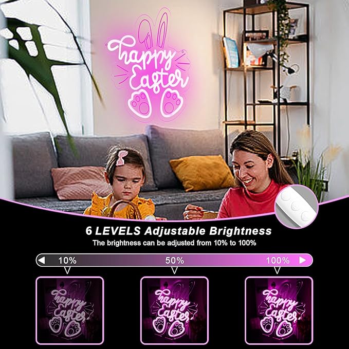 Easter Neon Sign for Wall Decor Rabbit Happy Easter LED Neon Light Window USB Powered for Wall Room Gift Party Decoration
