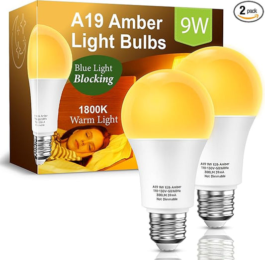 Amber Light Bulbs for Sleep: 9W Amber Warm 1800K, Blue Blocking Dim Bulbs 60W Equivalent, E26 Bulb for Mood Soothing, Bedroom and Baby Nursery Light, 2 Pack