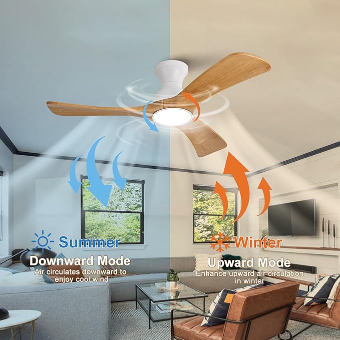 Flush Mount Ceiling Fans with Lights,42 inch,Remote Control,Wall Switch,Solid Wood Blades,Dimmable,Reversible Noiseless,Power Off Memory Modern Ceiling Fan for Bedroom Patio Indoor/Outdoor Use