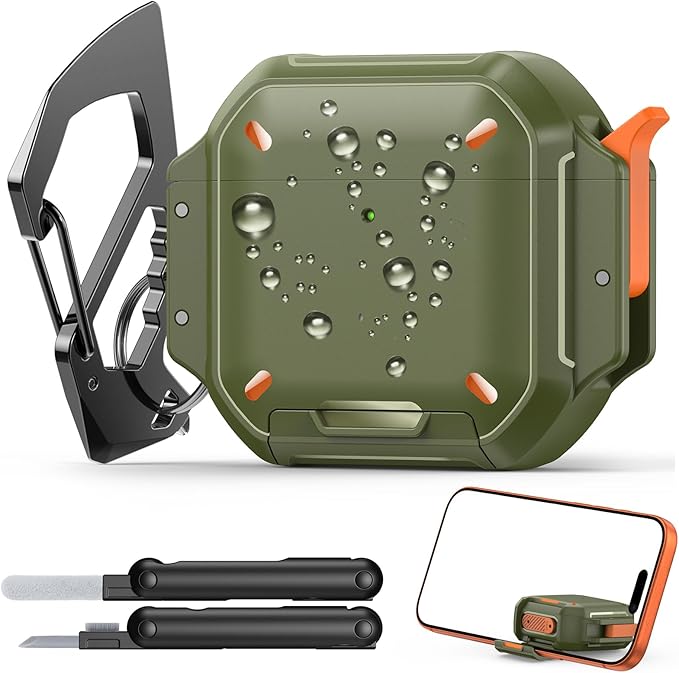 MoKo for AirPods 4th Case with Lock - IP68 Waterproof & Military-Grade Protection, Drop-Proof Hard Shell Protective Earpods 4 Cover with Keychain, Cleaner Kit & Phone Stand, Army Green