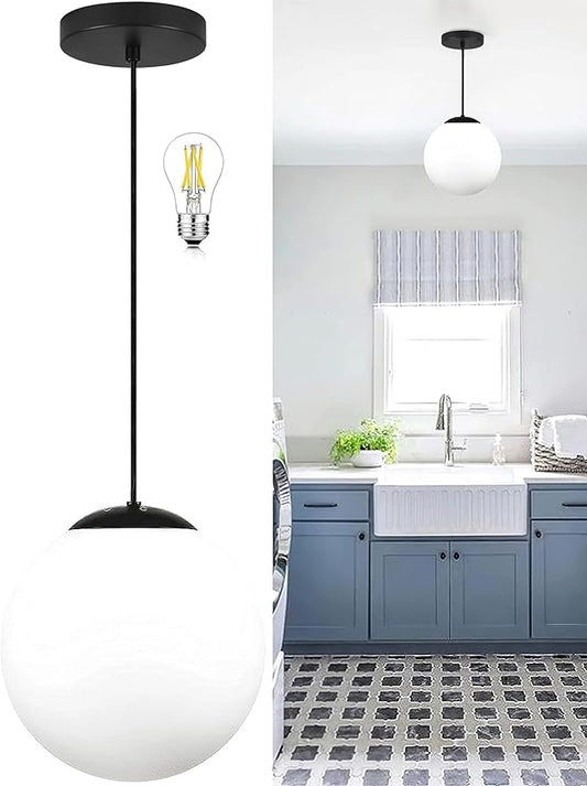 KoKo&Yukina 8-inch Globe Pendant Lighting for Kitchen Island Mid Century Modern Hanging Light Fixture with Milk Glass Globe Glass Black Industrial Hanging Ceiling Lights for Sink Bathroom Entryway