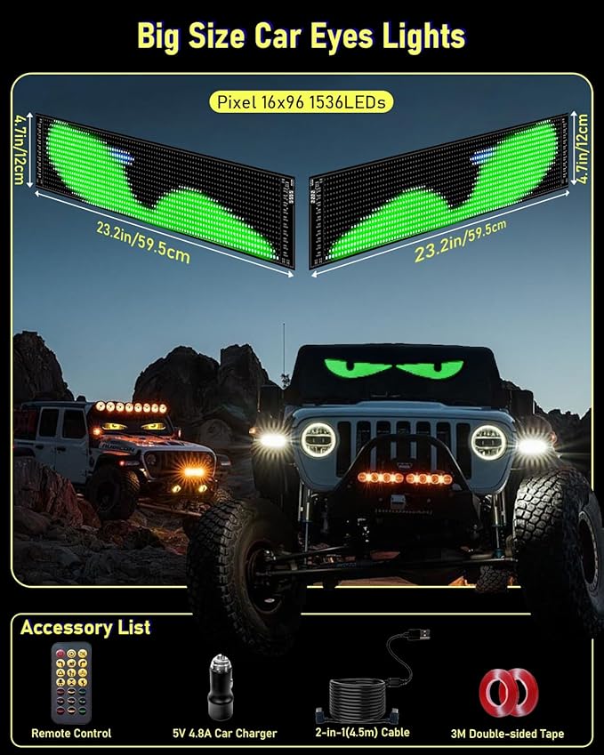 LED Devil Eye Lights for Windshield 23"x5"[2PCs], Dual Screen Sync with APP & Remote Control, Windshield Eyes Animated, 5V-USB Powered, Programmable Evil Eyes for Car Truck RV Front Window