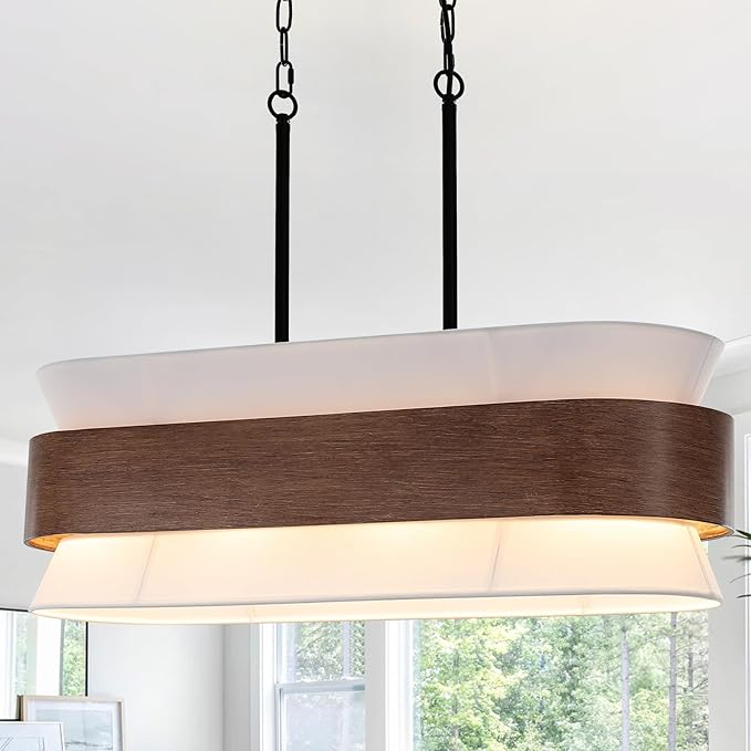31.5" Farmhouse Kitchen Island Chandelier 4-Light Dining Room Light Fixture, 2-Tier Chandelier with Wood Grain Finish and White Fabric Shade, Adjustable Pendant Lights for Kitchen Island Over Table