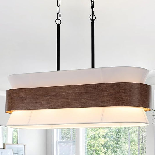 31.5" Farmhouse Kitchen Island Chandelier 4-Light Dining Room Light Fixture, 2-Tier Chandelier with Wood Grain Finish and White Fabric Shade, Adjustable Pendant Lights for Kitchen Island Over Table