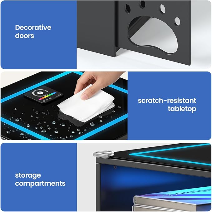 Night Stand with Charging Station and LED Lights Smart Bedside Table Adjustable RBG Lighting Decorative Cat Door Modern Nightstand Glass Tabletop Wood End Tables for Bedroom,Office