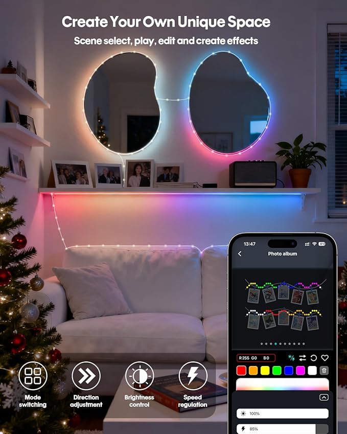 Smart Fairy String Lights 66Ft 200LEDs, Color Changing String Lights w/Remote & App Control, Multicolor Dynamic DIY RGB-IC Twinkle Light for Bedroom, Christmas, Party, Wedding Indoor Decor