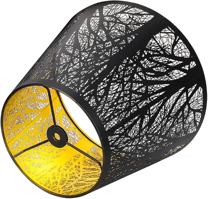 Etched Small Forest Metal Lampshade Top 6‘’ Bottom 10‘’ Height 7.5" Barrel Shade Lampshade Fits Most Table Lamp and Floor Lamp Spider, Outer Black and inner Gold