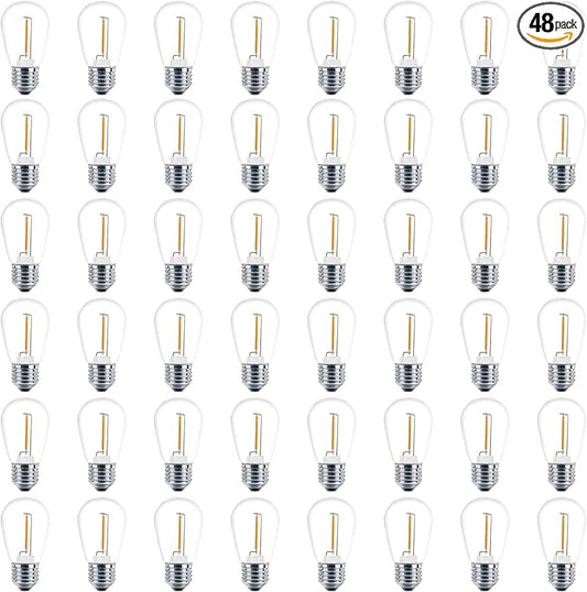 Meconard 48 Pack S14 LED String Light Bulbs, 1 Watt Shatterproof Replacement Bulbs for Patio Outdoor Sting Lights, E26 Medium Screw Base, Warm White 2200K, Non-Dimmable