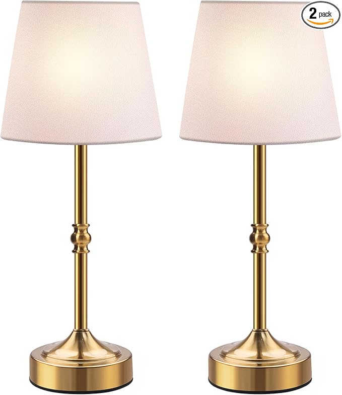 2 Pack Rechargeable Cordless Table Lamp, 5000mAh Battery Operated Lamps, Wireless 3-Level Dimmable Touch Lamp, Portable Night Bedside Brass Lamp, Desk Light for Patio Restaurant Dinnin (Gold)