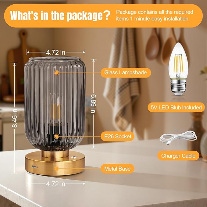 LigthRound Touch Table Lamp for Bedroom, Cordless Bedside Small Table Lamp, Dimmable Rechargeable Battery Operated Lamp for Nightstand, Bedside, Living Room, Desk, LED Bulb Included
