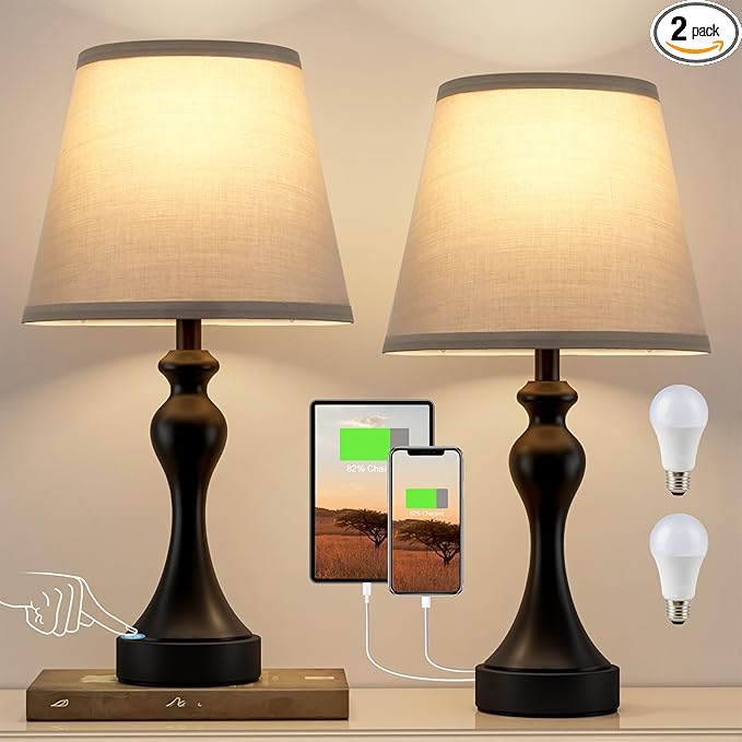 Seealle Touch Lamps for Nightstand - Bedside Lamps Set of 2, 3 Way Dimmable, USB C+A for Bedroom & End Tables (Black&Grey)