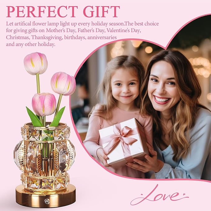 Tulip Table Lamp, Rechargeable Cordless Touch Dimming Artificial Tulip Flower Desk Lamp, LED Crystal Lamp Flower Bedside Night Light, Romantic Gifts for Girl Women Mom (Pink - Tulip)