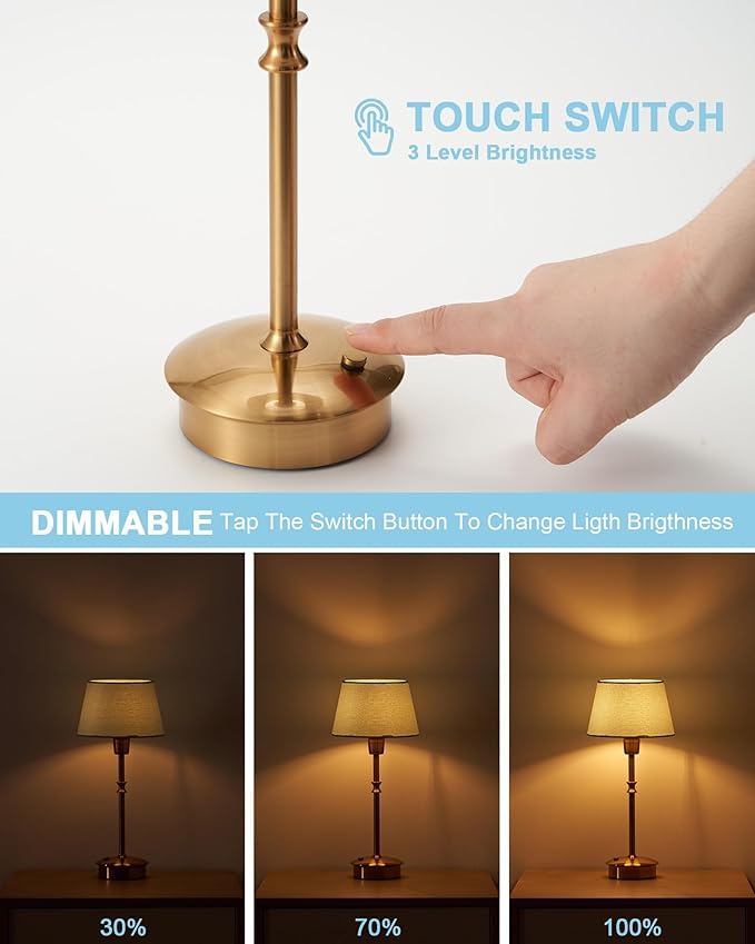 UMEXUS Small Cordless Lamp Rechargeable Table Lamps Set of 2, Dimmable Battery Operated Lights, Portable Accent Light for Side Table Restaurant Dining Outdoor, Blue Fabric Shade, Antique Brass