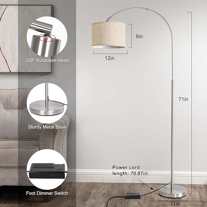 Floor Lamp for Living Room, Dimmable Arc Floor Lamp with Adjustable Head, Silver Finish Modern Pole Lamp, Over Couch Tall Standing Hanging Lights for Reading, Bedroom, Office, 9W 3000K Bulb Included