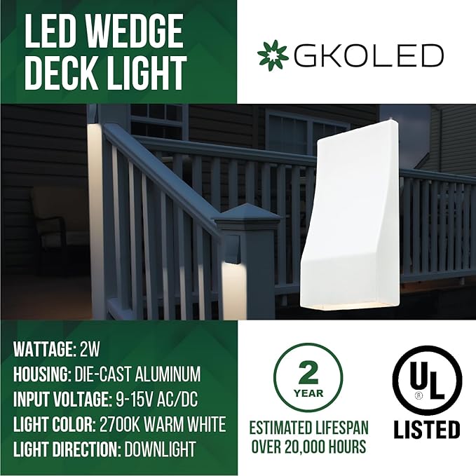 GKOLED Low Voltage LED Wedge Deck Rail Light, Landscape Railing Post Fence Accent Lighting, 12V AC/DC 2W 2700K Integrated LED Chips, Die-cast Aluminum, Powder Coated Finish, IP65 Rated, White, 6-Pack