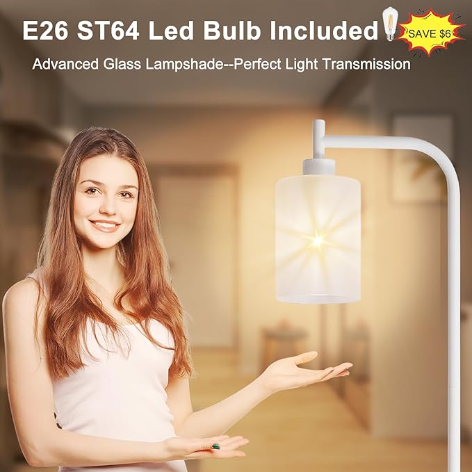 DLLT Floor Lamp Tall for Room: White Standing Lamp with Frosted Glass Lampshade for Living Room - Modern Bright Lamp for Bedroom - Industrial Corner Floor Lamps for Office 8W Led Bulb Included