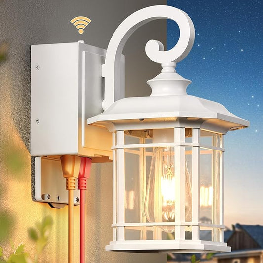 White Porch Light with GFCI Outlet, Dusk to Dawn Outdoor Light Fixture with Seeded Glass, Anti-Rust Waterproof Exterior Lighting Fixtures for Proch, Front Door, Yard, Patio