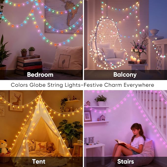 66FT Color Changing String Lights, Connectable Globe String Lights Plug in with Remote, 120 LEDs 128 Modes Christmas Lights Outdoor Waterproof for Patio Tent Camping Bedroom Classroom Party Xmas Decor