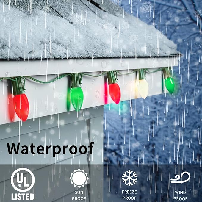 25FT C7 Christmas Lights Outdoor, Red Green White 3-Color LED String Lights for Roof, Fence, Tree, Wedding, Party, Patio, Bright Holiday Decor