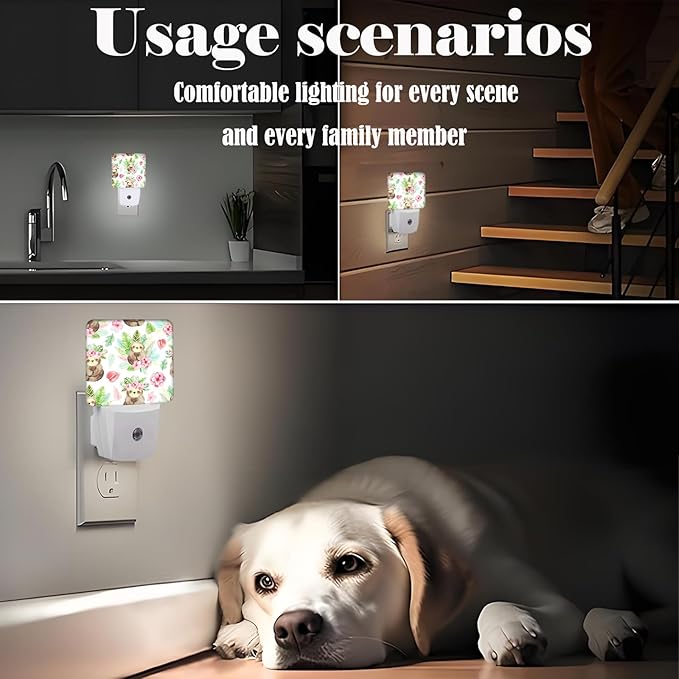 Watercolor Cute Sloth Night Light,Plug Into Wall with Dusk to Dawn Light Sensors, Warm Nightlights for Bedroom, Bathroom, Hallway, Kitchen, Gifts Ideal for Boys Girls Women Men