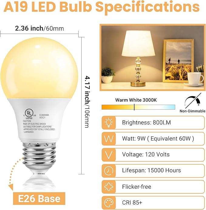 VOLIVO 24 Pack A19 LED Light Bulbs, 3000K, 9W(60W Equivalent), 800 Lumens, E26 Standard Base, Energy Saving LED Bulb, Non-Dimmable, UL Listed and FCC Certified, for Bedroom Living Room Home