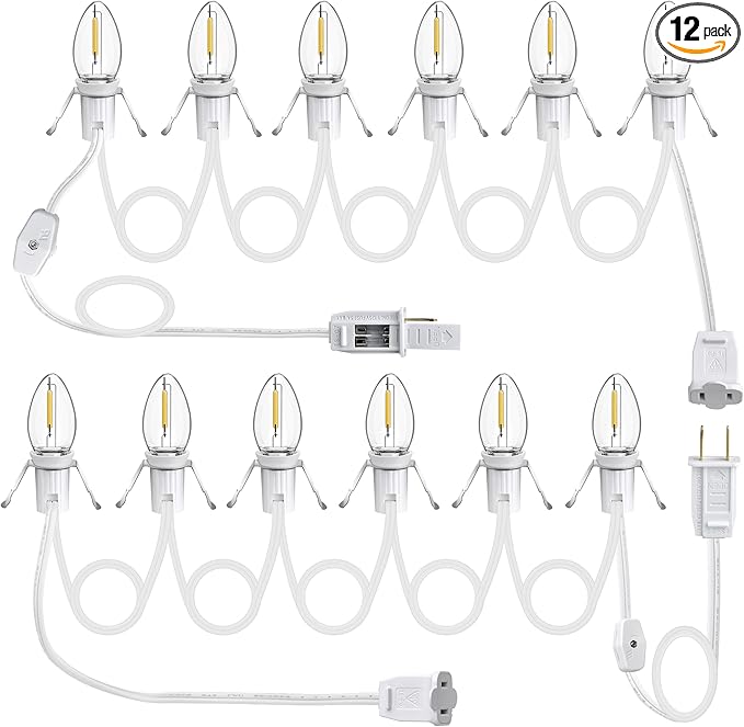 2Pack Christmas Village Lights with 12LED Light Bulbs and Outlet 11.6FT Light Cord with Spare Fuse Warm White C7 Lamp Villages Houses Lights for Halloween Pumpkins Christmas Village Houses Craft Decor