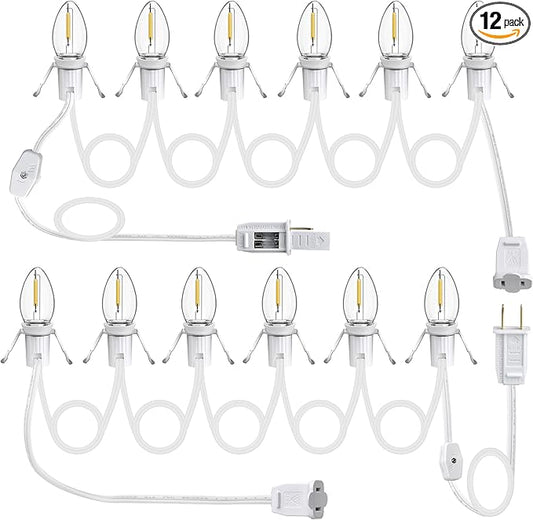 2Pack Christmas Village Lights with 12LED Light Bulbs and Outlet 11.6FT Light Cord with Spare Fuse Warm White C7 Lamp Villages Houses Lights for Halloween Pumpkins Christmas Village Houses Craft Decor