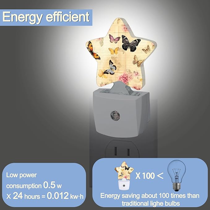 Vintage Butterfly Night Lights Plug Into Wall,Pink Flowers Star Night Light for Kids,Nightlight with Dusk to Dawn Smart Sensor for Bedroom Bathroom Decor,Children Women Men Gift