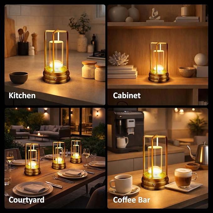 Cordless Table Lamp - Rechargeable LED Lamp with 2000mAh Battery, 3 Color Stepless Dimming & Touch Control, Portable Lamp for Indoor Outdoor, Bedroom, Restaurant, Bar, Patio, Camping, Gold
