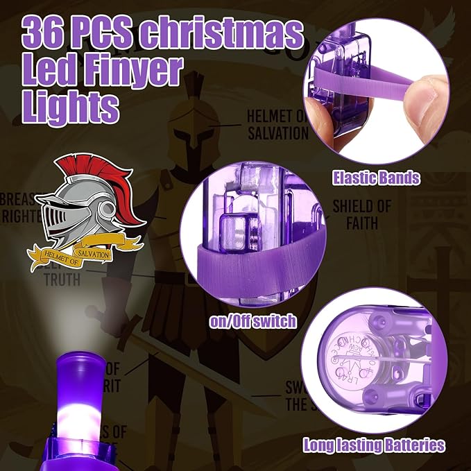 Tuanse 36 Pcs Armor of God Finger Lights Gifts Bulk for Kids Glow in the Dark Finger Lights Christian Sunday School Birthday Party Supplies Favors Church Classroom Religious Decorations