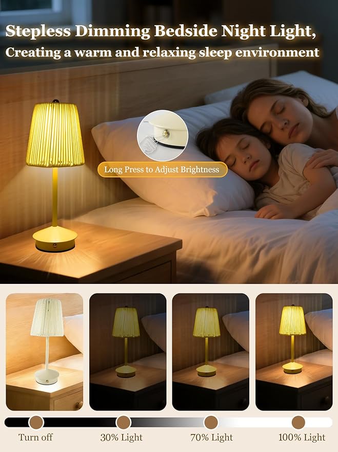Boho Rattan Table Lamp, Cordless Wicker Woven Vintage Table Lamp - LED Rechargeable Touch Control 3 Color Dimmable Reading Bedside Lamp for Bedroom Living Room Office, Home Outdoor Decor (White-3)