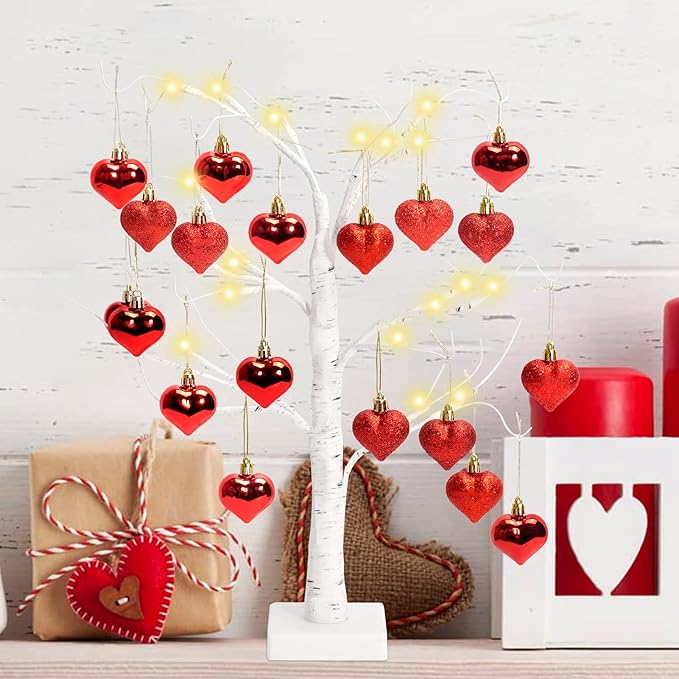 24" Valentine's LED Lighted Birch Tree with 18pcs Ornaments,Warm White LEDs Birch Tree Light Tabletop Artificial Tree 8 Lighting Modes USB or Batteries Operated with Timer for Valentine