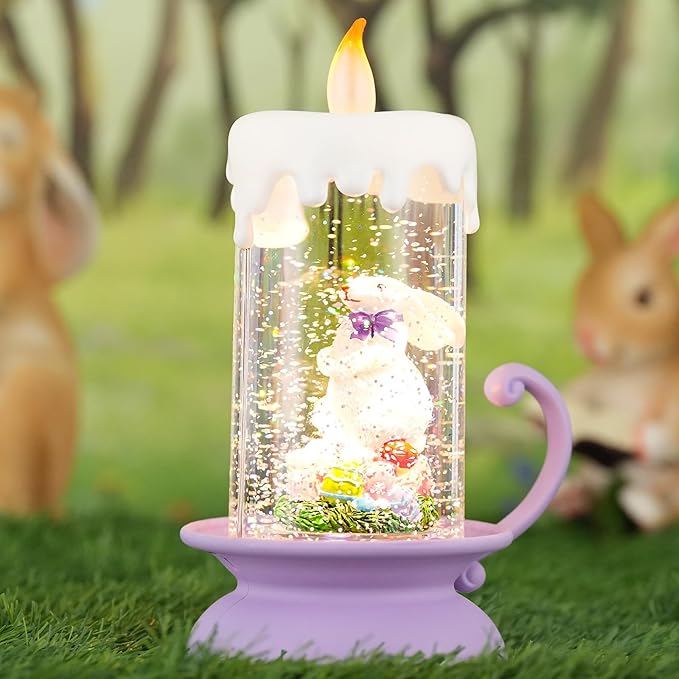 Easter Snow Globe Bunny Lantern with Swirling Glitter, USB & Battery Operated Easter Decorations for Home, Spring Tabletop Gifts