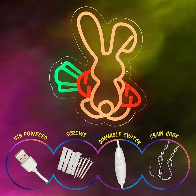Easter Bunny Neon Sign for Easter Decorations, Party Home Room Decor, Wall Decor, Gifts for Kids
